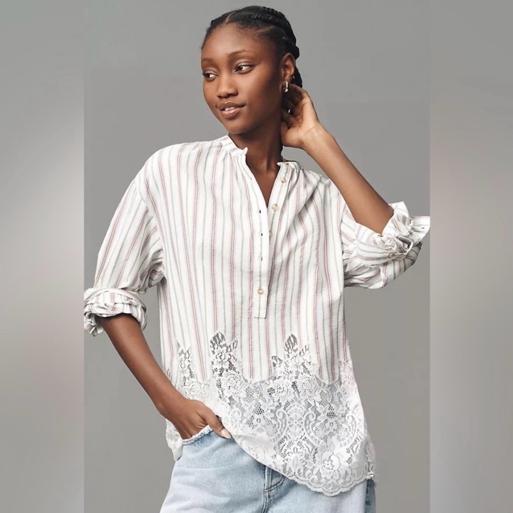 Anthropologie Pilcro Striped Blouse with 3/4 Sleeves and Lace Hem Size M